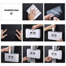 Load image into Gallery viewer, ECOCO Wall-Mounted Toothbrush Holder with 2 Toothpaste Dispensers 4 Cups and 5 Toothbrush Slots Toiletries Storage Rack